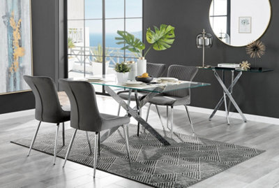 Furniturebox Uk Leonardo Glass And Chrome Metal Dining Table And 6 Dark Grey Nora Velvet Silver Leg Chairs - image 1