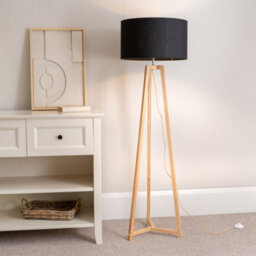 Valuelights Lottie Natural Wood Tripod Floor Lamp With Black Drum Shade