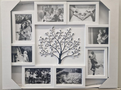 Deenz Embossed Tree Family Photo Frame Wall Rectangular Collage 8 Openings 4X6'' Metal Hooks White With Black 60 X 46 X 2.5 Cm - image 1