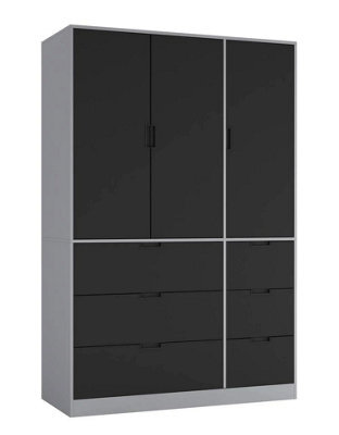 Urbn-Living Urbnliving Wooden 3 Door 6 Drawer Wardrobe Bedroom Storage Closet Shelves Hanging Rail Grey Unit - Black Doors Drawers - image 1