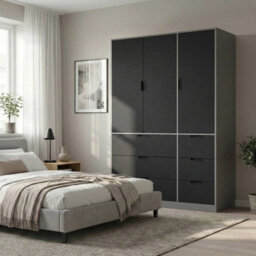 Urbn-Living Urbnliving Wooden 3 Door 6 Drawer Wardrobe Bedroom Storage Closet Shelves Hanging Rail Grey Unit - Black Doors Drawers - thumbnail 2