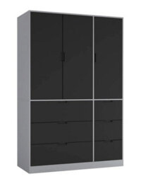 Urbn-Living Urbnliving Wooden 3 Door 6 Drawer Wardrobe Bedroom Storage Closet Shelves Hanging Rail Grey Unit - Black Doors Drawers - thumbnail 1