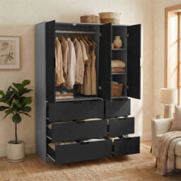 Urbn-Living Urbnliving Wooden 3 Door 6 Drawer Wardrobe Bedroom Storage Closet Shelves Hanging Rail Grey Unit - Black Doors Drawers - thumbnail 4