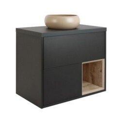 Homestylestore Black Grey 800mm Led Lit Wall Hung Bathroom Vanity Unit Round Sand Countertop Basin Open Shelf - thumbnail 1