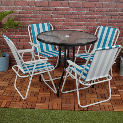 Urbn-Living Urbnliving 4Pcs White & Blue Stripes Folding Deck Chairs With Garden Table Outdoor Patio Dining Furniture Set - image 1