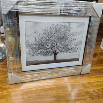 Biznest Modern Liquid Glitter Wall Art With Mirrored Edges 55X55Cm ( Silver Blosssom Tree )