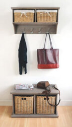 Statement Furniture Tetbury Acacia Wood Hanging Shelf With Coat Hooks And Storage Baskets - Small - thumbnail 4