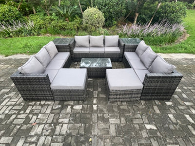Fimous Outdoor Lounge Sofa Set Wicker Pe Rattan Garden Furniture Set With Oblong Coffee Table 2 Side Tables 2 Big Footstool - image 1