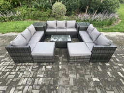 Fimous Outdoor Lounge Sofa Set Wicker Pe Rattan Garden Furniture Set With Oblong Coffee Table 2 Side Tables 2 Big Footstool - thumbnail 2