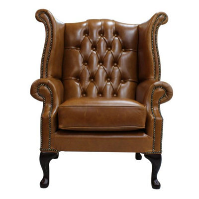 Chesterfield High Back Wing Chair Old English Saddle Leather In Queen Anne Style - image 1