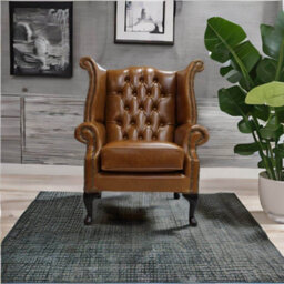 Chesterfield High Back Wing Chair Old English Saddle Leather In Queen Anne Style - thumbnail 4
