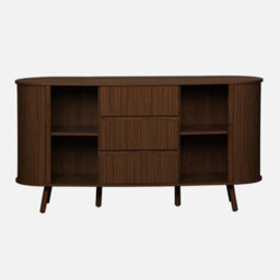 Sweeek - Scandinavian Oval Sideboard With 2 Sliding Doors 4 Compartments 3 Drawers Grooved Wood Effect Walnut Shade L 150 X D - thumbnail 4
