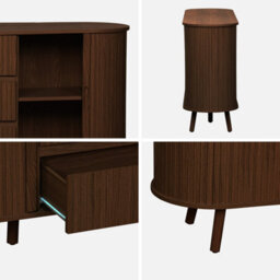 Sweeek - Scandinavian Oval Sideboard With 2 Sliding Doors 4 Compartments 3 Drawers Grooved Wood Effect Walnut Shade L 150 X D - thumbnail 5