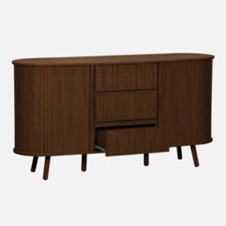 Sweeek - Scandinavian Oval Sideboard With 2 Sliding Doors 4 Compartments 3 Drawers Grooved Wood Effect Walnut Shade L 150 X D - thumbnail 3