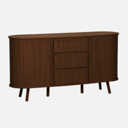 Sweeek - Scandinavian Oval Sideboard With 2 Sliding Doors 4 Compartments 3 Drawers Grooved Wood Effect Walnut Shade L 150 X D