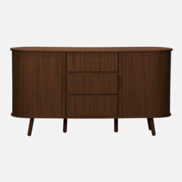 Sweeek - Scandinavian Oval Sideboard With 2 Sliding Doors 4 Compartments 3 Drawers Grooved Wood Effect Walnut Shade L 150 X D - thumbnail 2