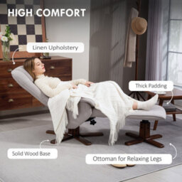 Homcom Swivel Recliner Chair With Footstool And Wooden Base, Light Grey - thumbnail 6