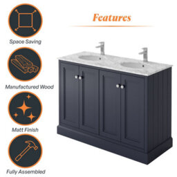 Plum&clay Fairmont Traditional Blue Grey Square Floor Standing Bathroom Vanity Unit With Ceramic Basin & Marble Top (W)1200mm - thumbnail 5
