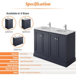 Plum&clay Fairmont Traditional Blue Grey Square Floor Standing Bathroom Vanity Unit With Ceramic Basin & Marble Top (W)1200mm - thumbnail 4