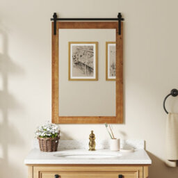 Gainoom Farmhouse Brown Wall Mirror Rustic Wood Frame Barn Door Style Decorative Mirror - thumbnail 3
