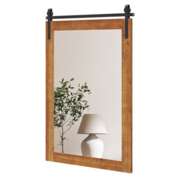 Gainoom Farmhouse Brown Wall Mirror Rustic Wood Frame Barn Door Style Decorative Mirror - thumbnail 1