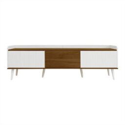 Abrihome Tv Cabinet, Tv Stand, 3-Door Storage Cabinet In White & Natural Wood Finish, Low Profile Design - thumbnail 2