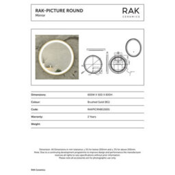 RAK Ceramics Rak Picture Round 600mm Round Led Illuminated Bathroom Mirror With Demister & Touch Sensor, Brushed Gold, Ip44 - thumbnail 2