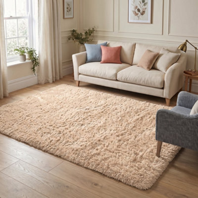Oxford Homeware Shaggy Rug Anti-Slip Washable Soft Fluffy Living Room And Bedroom Rug (Beige, 120X170Cm) - image 1