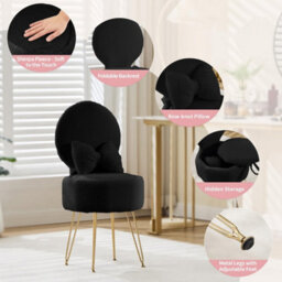 Black Dressing Table Chair With Storage, Vanity Stool With Foldable Backrest - thumbnail 5