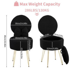 Black Dressing Table Chair With Storage, Vanity Stool With Foldable Backrest - thumbnail 7