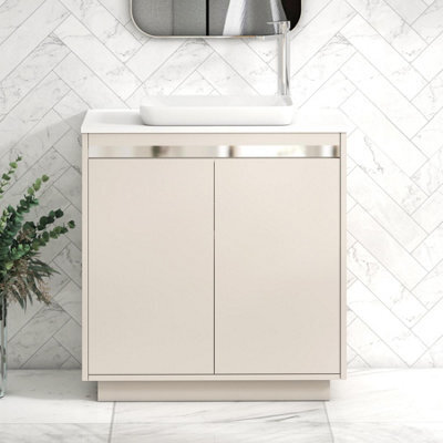 Royal Bathrooms Orion 800mm Warm Taupe Floor Standing Plain White Countertop Vanity Unit 2 Door With Qubix Basin & Chrome Accent Trim - image 1