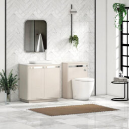 Royal Bathrooms Orion 800mm Warm Taupe Floor Standing Plain White Countertop Vanity Unit 2 Door With Qubix Basin & Chrome Accent Trim - thumbnail 3