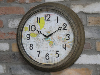 Annibells Large Round Rustic World Map Antique Wall Clock