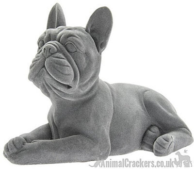 Animal Crackers French Bulldog Laying Figurine, Retro Style Grey Velvet Finish On-Trend Home Decoration, Dog Lover Gift