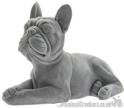 Animal Crackers French Bulldog Laying Figurine, Retro Style Grey Velvet Finish On-Trend Home Decoration, Dog Lover Gift