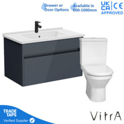 Vitra 800mm Wall Hung Bathroom Vanity Unit With 1 Drawer Includes Basin, Black Tap And Close Coupled Toilet Set - Grey Gloss - thumbnail 1
