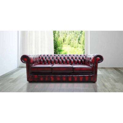 Chesterfield 3 Seater Antique Oxblood Red Leather Sofa In Classic Style - image 1