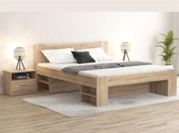 Impact Furniture King Size Bed Frame With Storage Shelves Headboard Light Oak Sonoma 160Cm Euro Wooden Slats Nepo