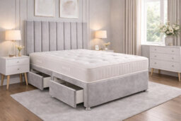 Comfy Deluxe 9 Panel Silver Suede 6Ft Super King Size Bed Set With Orthopaedic Mattress And Headboard 4 Drawers
