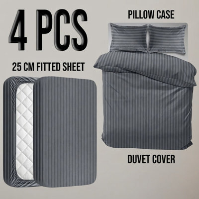 Oxford Homeware Grey Double Stripe Soft Microfiber Duvet Cover, Fitted Sheet & Pillowcase Set 4 Piece Bedding Set