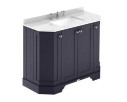 Hudson Reed Floor Standing 4 Door Angled Vanity Unit With 3 Tap Hole White Marble Top & Basin, Twilight Blue, 1036 X 470 mm