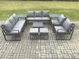 Fimous Aluminium Patio Outdoor Garden Furniture Lounge Sofa Set With Square Coffee Table 2 Chairs 2 Side Tables Dark Grey - thumbnail 1