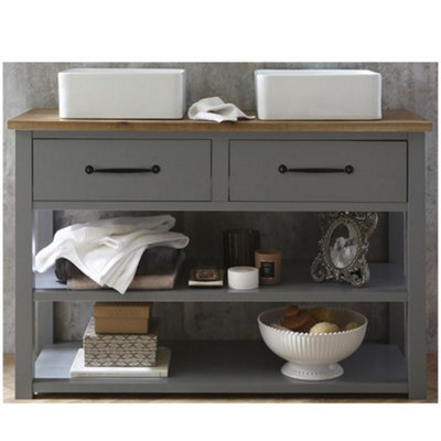 Homestylestore Light Grey And Oak 1215mm Bathroom Cloakroom Vanity Unit With Two Square Countertop Basins And Black T Bar Handles - image 1