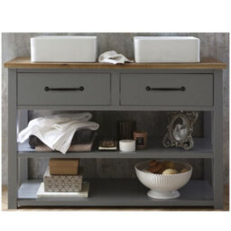 Homestylestore Light Grey And Oak 1215mm Bathroom Cloakroom Vanity Unit With Two Square Countertop Basins And Black T Bar Handles - thumbnail 1