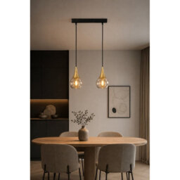 Luminosa Lighting Luminosa Lacrima Bar Pendant Ceiling Light Black, Gold Amber Glass Shade 2X E27 - thumbnail 2