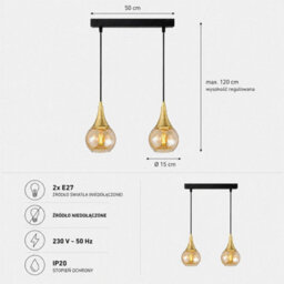 Luminosa Lighting Luminosa Lacrima Bar Pendant Ceiling Light Black, Gold Amber Glass Shade 2X E27 - thumbnail 4