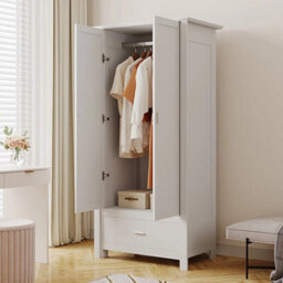 160Cm Tall Wooden 2 Door Wardrobe 1 Drawers Bedroom Storage Hanging Bar Clothes - thumbnail 4