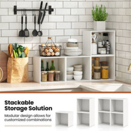 Set Of 4 Stackable Cubes Bookcase Wooden Storage Organizer White - thumbnail 4