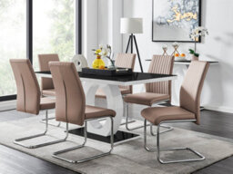 Furniturebox Giovani Rectangular 6 Seat White High Gloss Halo Structural Dining Table Black Glass Top 6 Beige Faux Leather Lorenzo Chairs