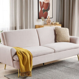 Wyld And Coco Luxe Living 3-Seater Sofa Bed In Beige Velvet With Click-Clack Mechanism And Gold-Finish Legs - thumbnail 2